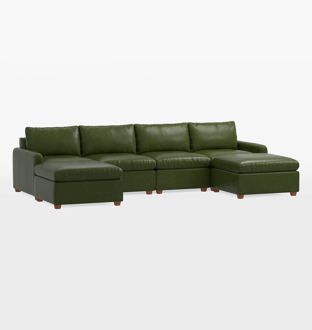 Roswell Leather 6-Piece Double Ottoman Sectional Sofa, Luxe - Mont Blanc Winter Pine | Rejuvenation