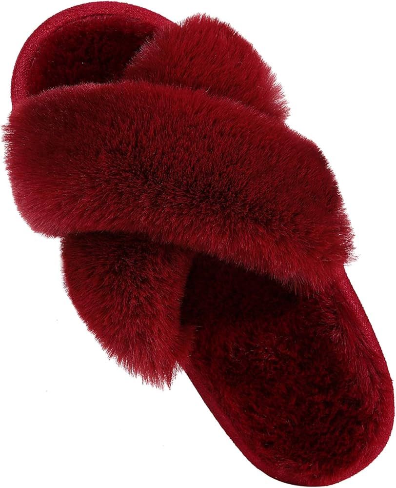 Women's Soft Plush Lightweight House Slippers Fuzzy Cross Band Slip on Open Toe Cozy Indoor Outdo... | Amazon (US)