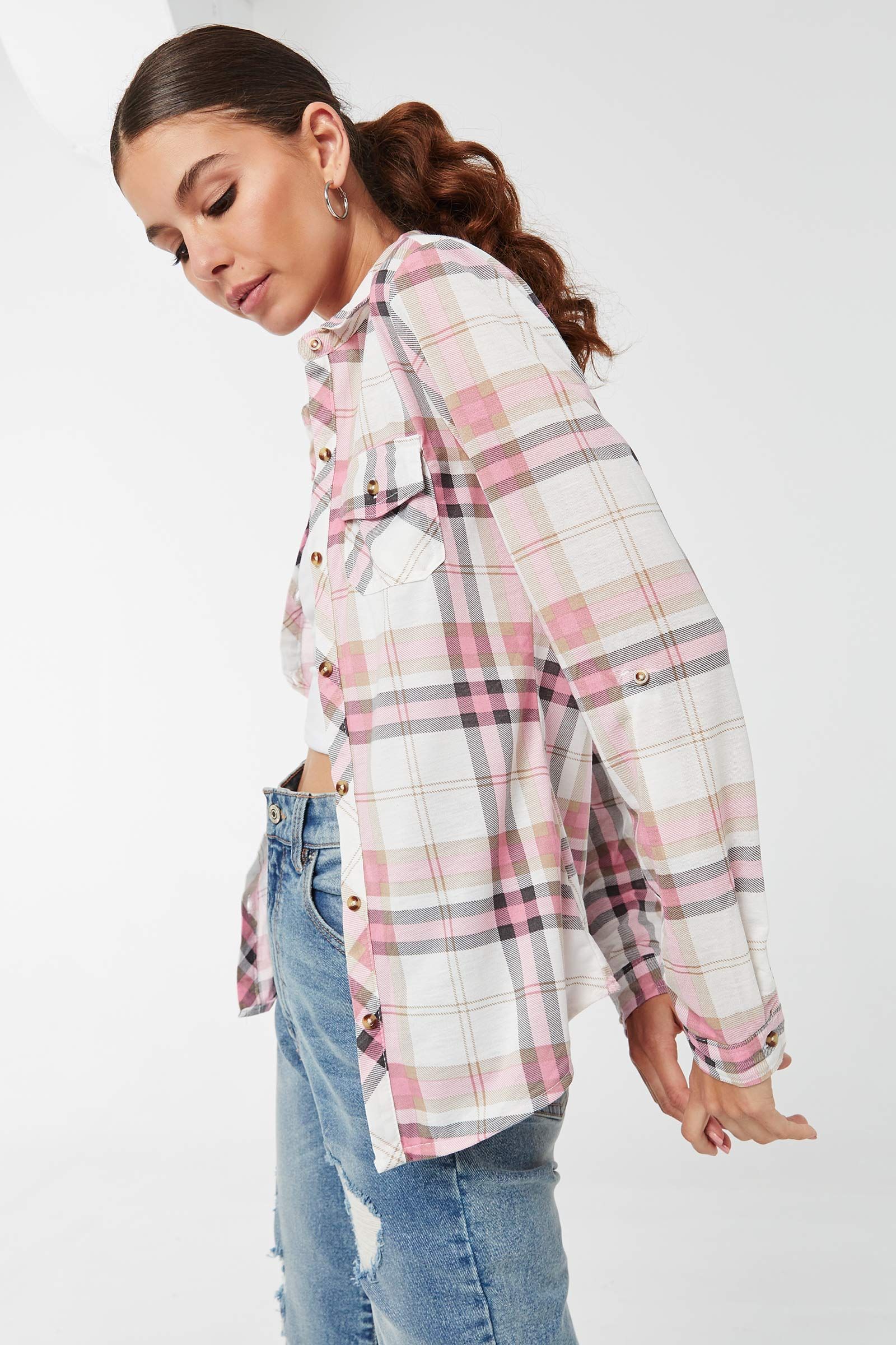 Plaid Shirt with Roll-Up Tabs | Ardene