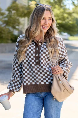 Well Worth It Checkered Mock Neck Button Sweater Brown/White DOORBUSTER | Pink Lily
