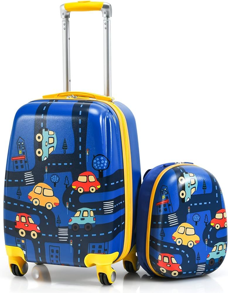 GYMAX 2Pc Kid Carry On Luggage Set, 12" & 18" Kids Suitcase with 4 Spinner Wheels, Travel Rolling... | Amazon (US)