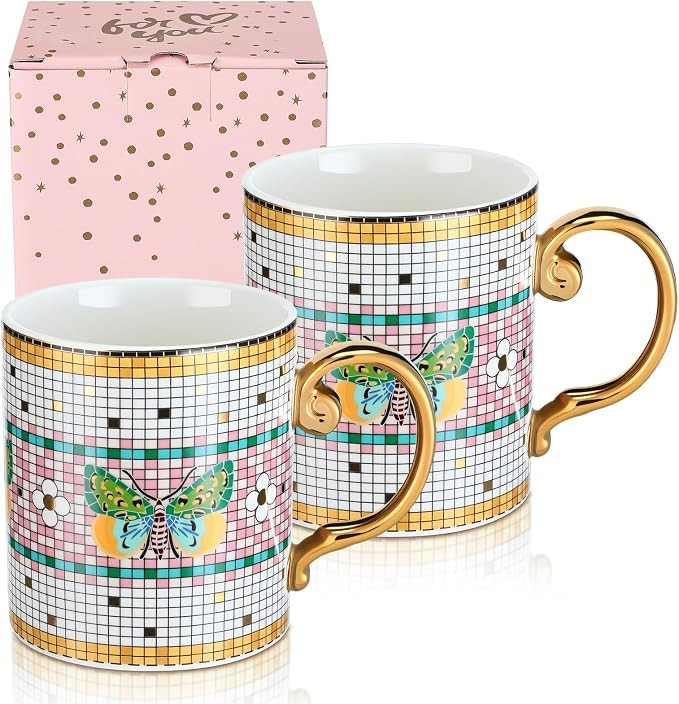 2 Set Butterfly Tile Coffee Mug 10 oz Valentine Ceramic Coffee Mug with Handle Cottagecore Checke... | Amazon (US)