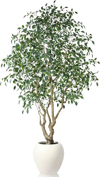 Ficus Tree Artificial Indoor, 8 Feet Tall Faux Ficus Tree with Round Artisan Planter, Premium Han... | Amazon (US)