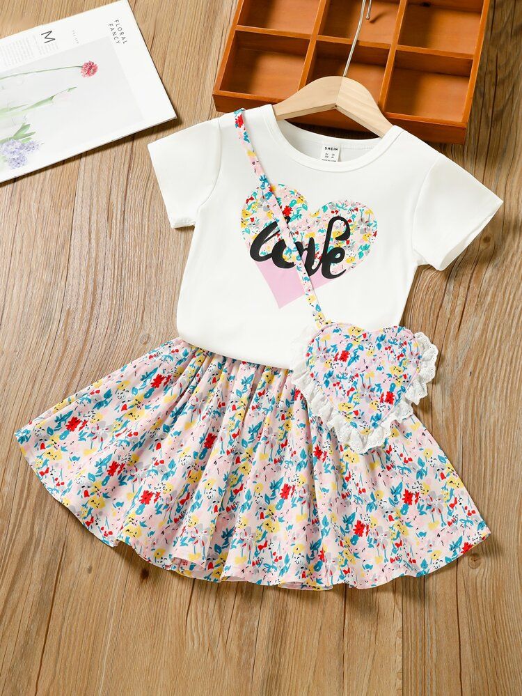 Toddler Girls Heart & Letter Graphic Tee & Floral Print Skirt With Bag | SHEIN