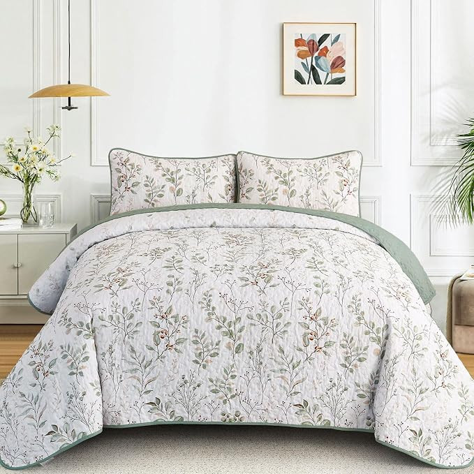 Queen Size Quilt Sets Green Floral Pattern Quilt Bedding Set, 3 Pieces Botanical Quilt Soft Micro... | Amazon (US)