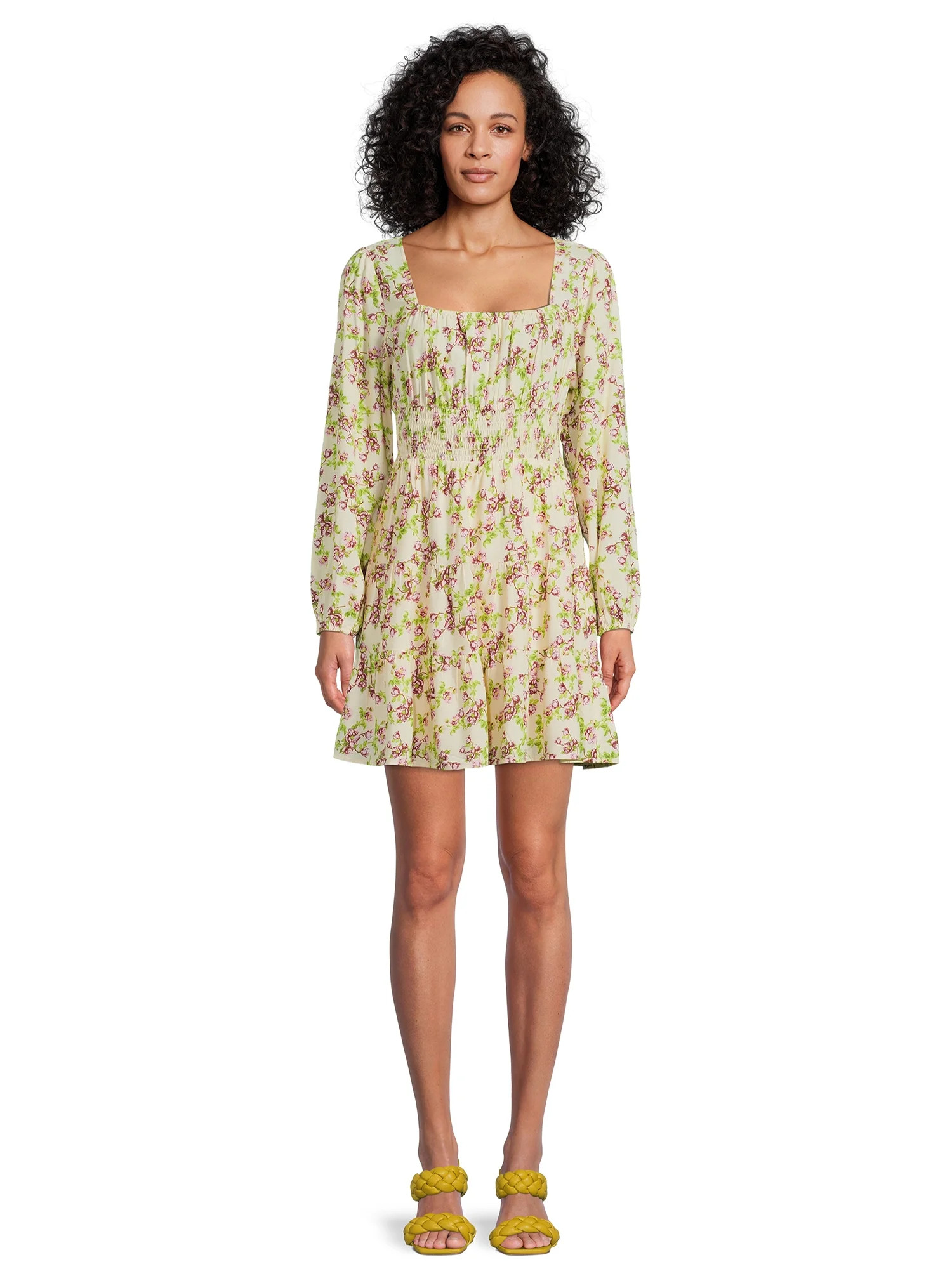 Liv & Lottie Women's Juniors Floral Smocked Tiered Dress with Long Sleeves | Walmart (US)