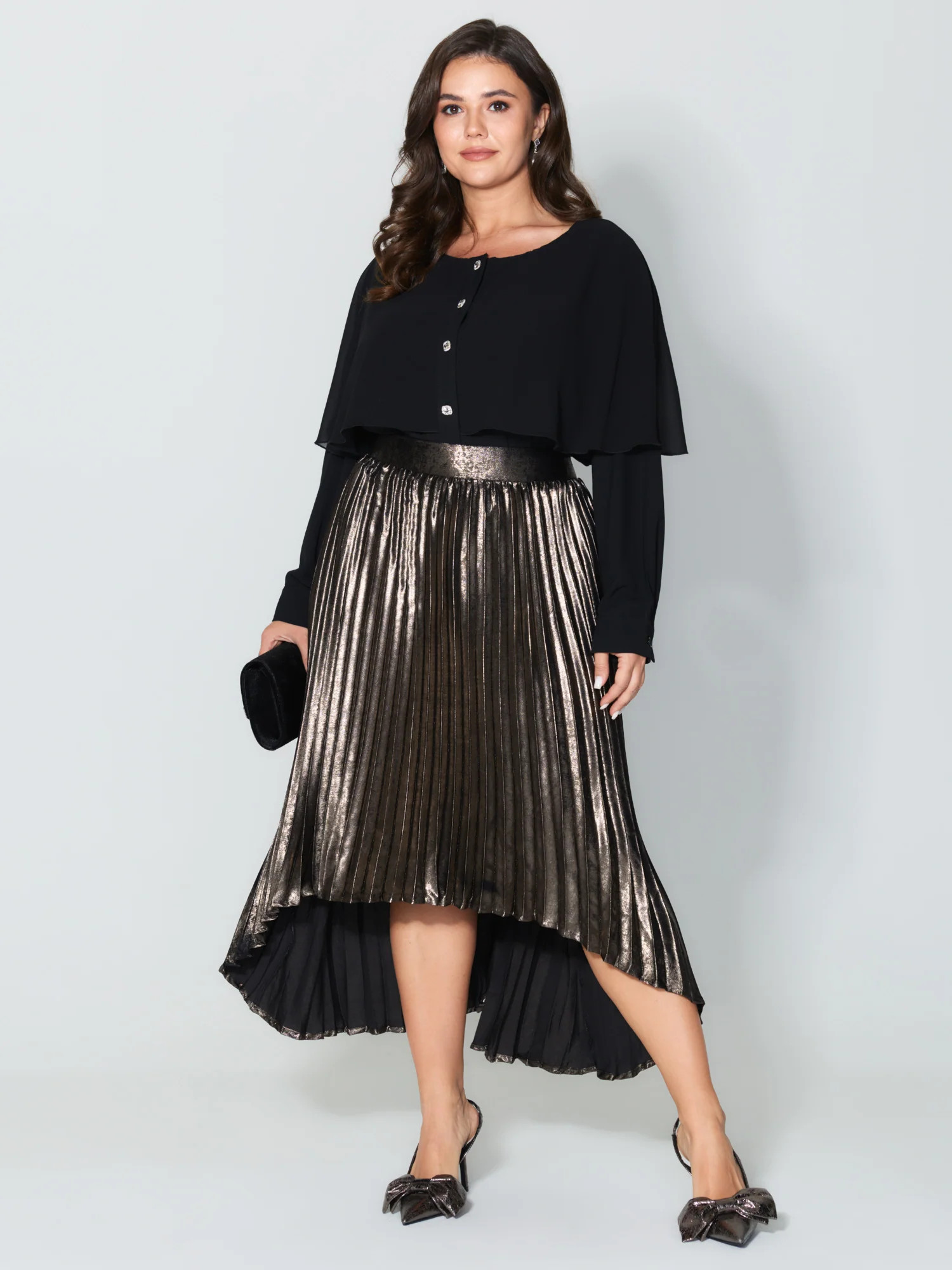 Metallic Shimmer High-Low Hem Pleated Midi Skirt | Bloomchic
