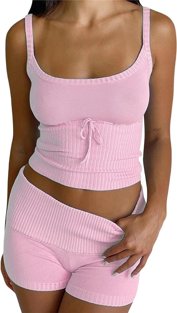 Women Y2K Knit Two Piece Outfit Sleeveless Cropped Cami Tube Tops Ribbed High Waist Shorts Sets S... | Amazon (US)