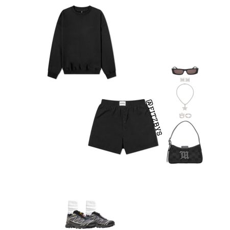 all black outfit crewneck+shorts

black crewneck sweatshirt, shorts, black boxer shorts, Salomon sneakers, silver jewelry, black sunglasses, black shoulder bag. outfit, style tip,boxer shorts, Trendy outfit, 2023 outfit ideas, cute fall outfits, fall outfit, fall style, transitional summer to fall outfits, sweater weather Lounge outfit, comfy outfit, casual outfit black outfit. All black outfit, model of duty outfit, city outfits, airport fit, black to school outfit 

#virtualstylist #outfitideas #outfitinspo #trendyoutfits # fashion #cuteoutfit #allblackoutfit #boxershorts #crewneck
#sweatshirt #comfyoutfit #falloutfit #fallstyle 

#LTKstyletip #LTKSeasonal #LTKitbag