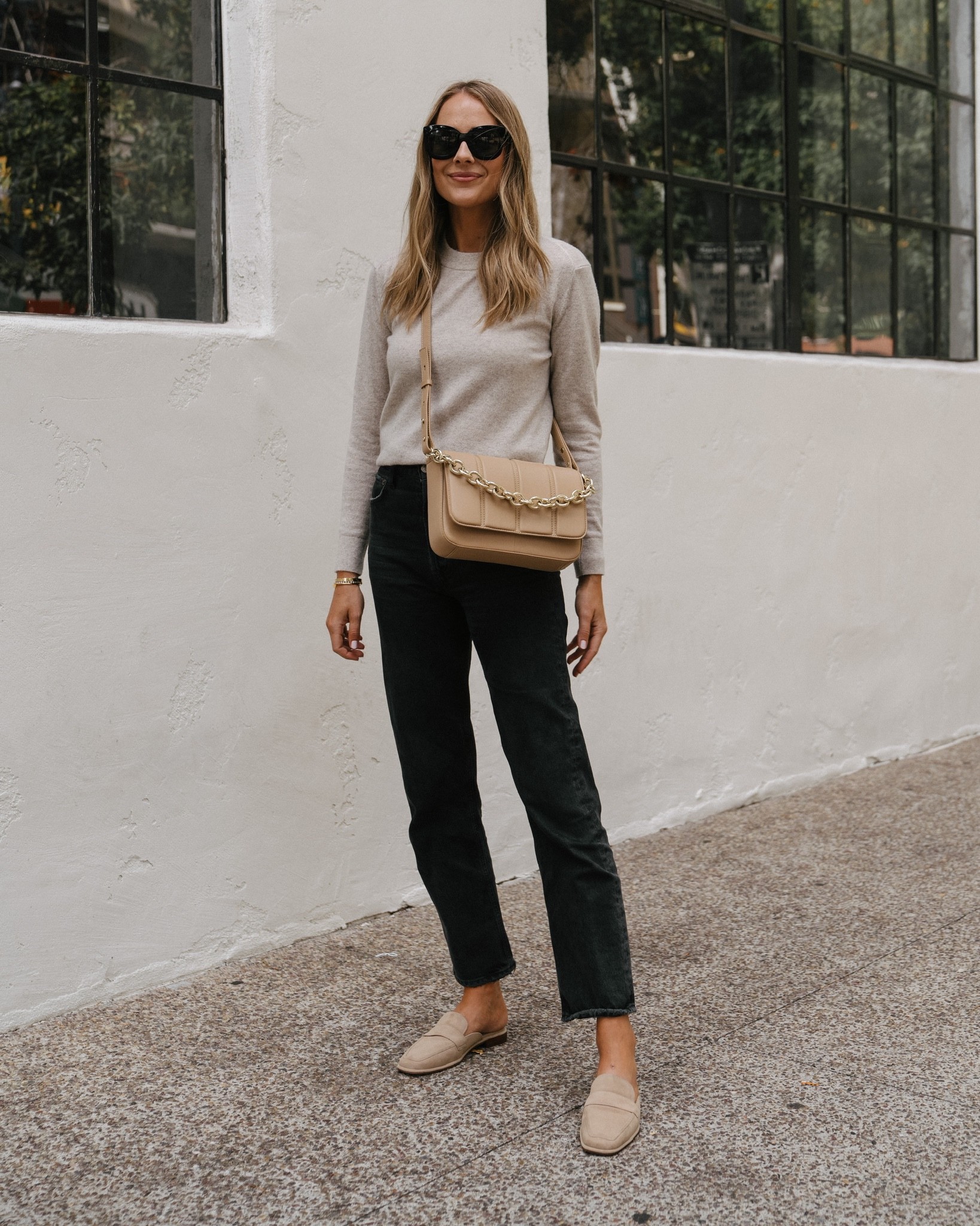 Fall outfits, fall fashion, cashmere sweater, 
QVC x Fashion Jackson exclusive collaboration, suede mules, fall shoes, tan crossbody bag, AGOLDE jeans, beige mules, beige shoes for fall  

#LTKunder100 #LTKshoecrush #LTKstyletip