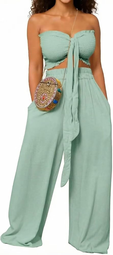 Women Two Piece Outfits Knot Front Ruffle Trim Smocked Crop Top Wide Leg Pant Sets Vacation Outfi... | Amazon (US)