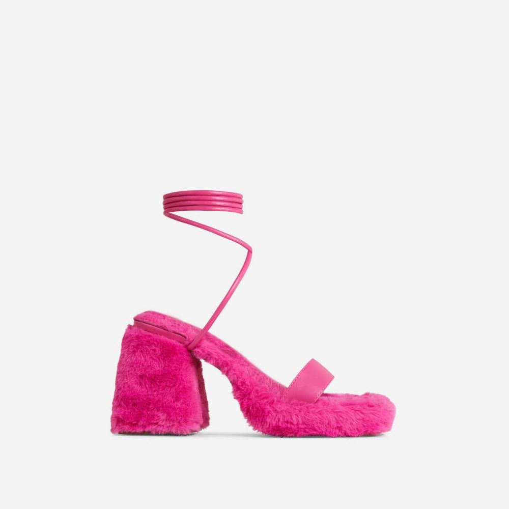 Itzayana Lace Up Faux Fur Detail Square Toe Platform Flared Block Heel In Pink Faux Leather | EGO Shoes (US & Canada)
