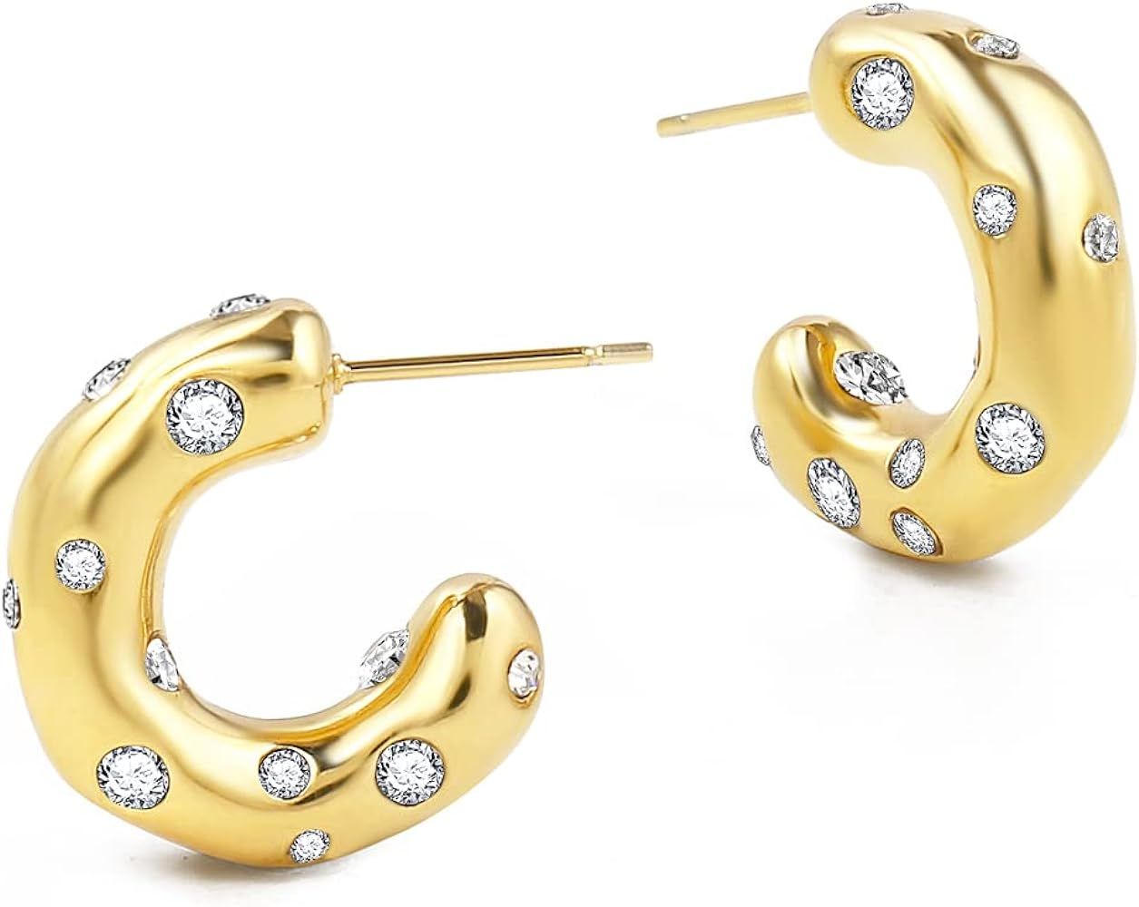 Small Thick Gold Chunky Hoop Earrings Diamond Lightweight Hoops For Women | Amazon (US)