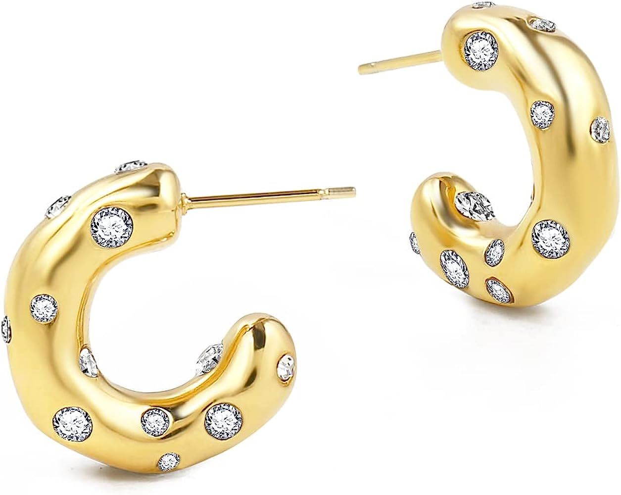 CONRAN KREMIX Small Thick Gold Chunky Hoop Earrings Diamond Lightweight Hoops For Women | Amazon (US)