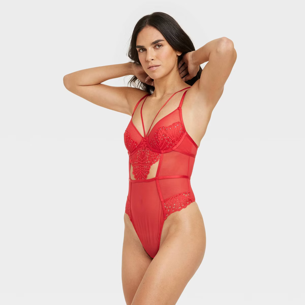 Women's Lace and Mesh Lingerie Bodysuit - Auden™ Red | Target