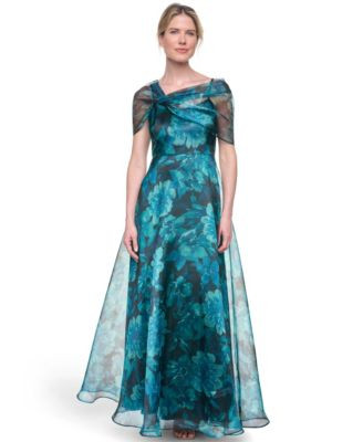 Eliza J Women's Twist Overlay Short-Sleeve Ball Gown - Teal | Macy's