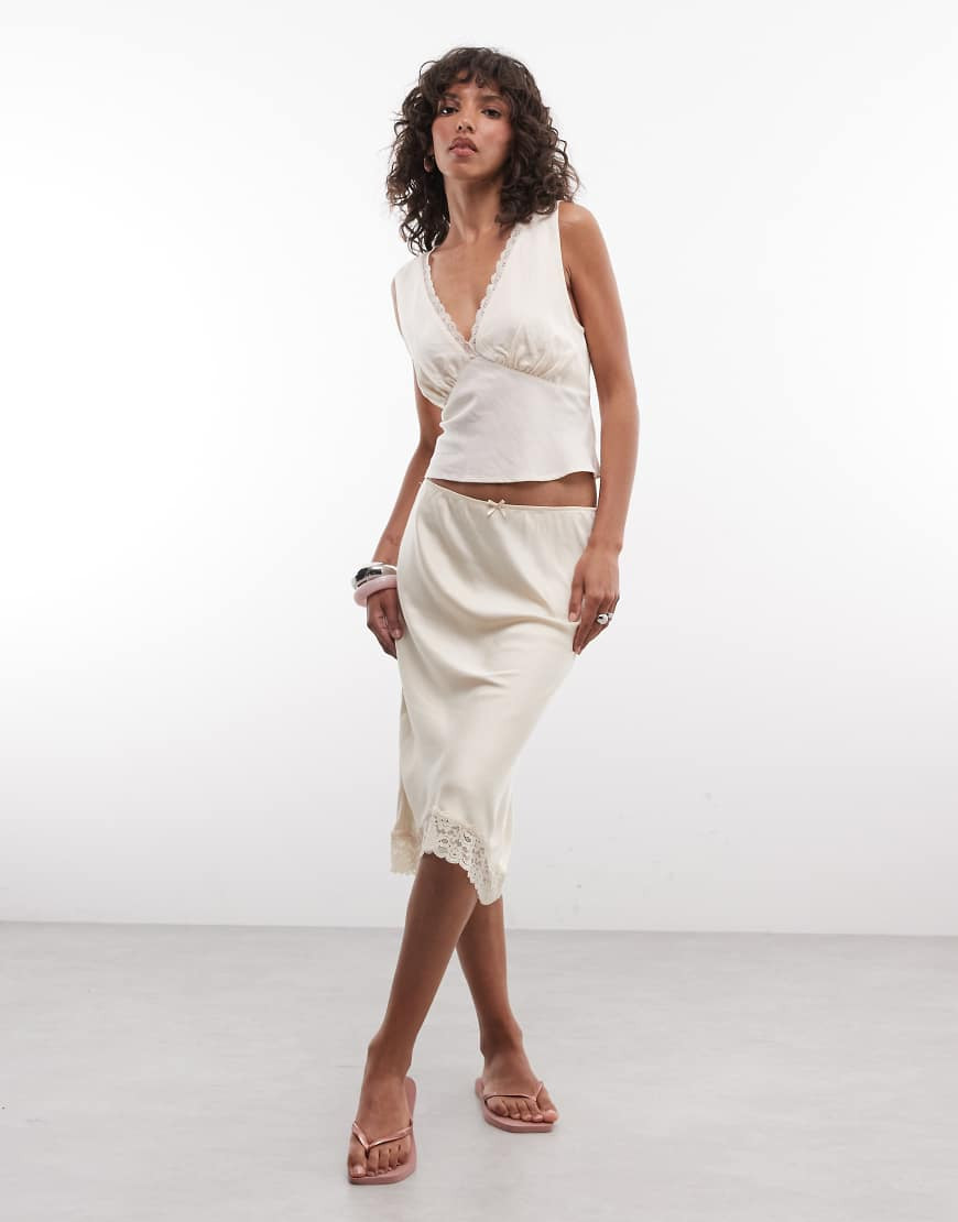 Monki satin look lace midi skirt in beige-Neutral | ASOS (Global)