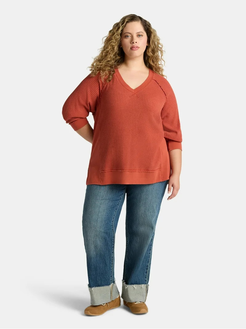 Time and Tru Women's and Women's Plus V Neck Tunic Sweatshirt with Long Sleeves, Sizes XS-4X - Wa... | Walmart (US)