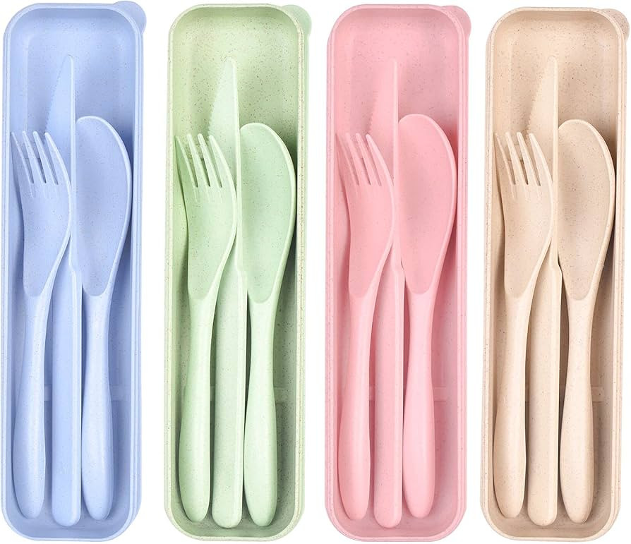 Lnrkai Travel Utensils Set with Case, 4 Sets Wheat Straw Reusable Spoon Knife Forks Tableware, Po... | Amazon (US)