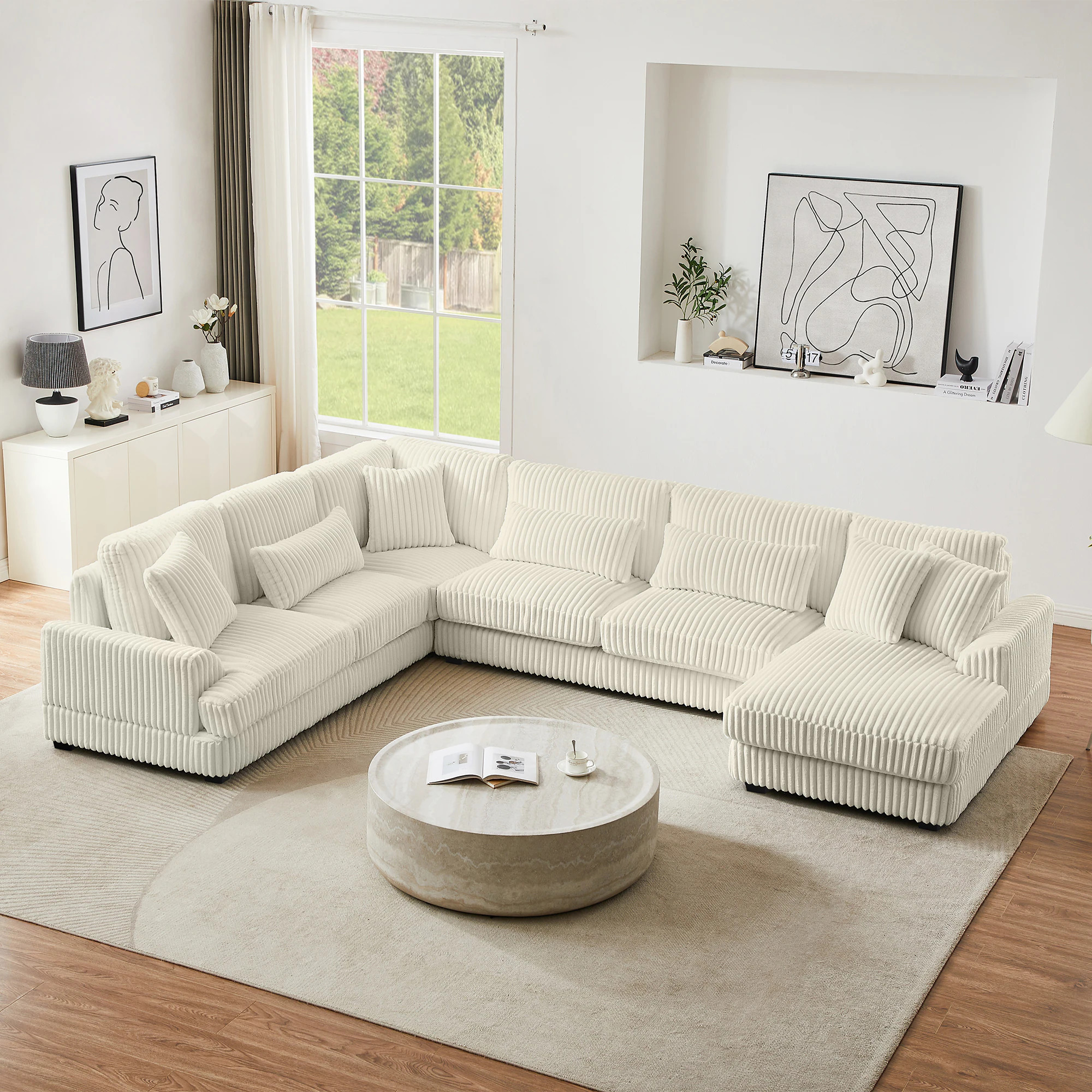 ModernLuxe 129inch Oversized Sectional Sofa Ushaped Sofa Couch Modern Sofa Upholstered in Soft Corduroy with a Chaise Lounge for Living Room Beige | Lowe's