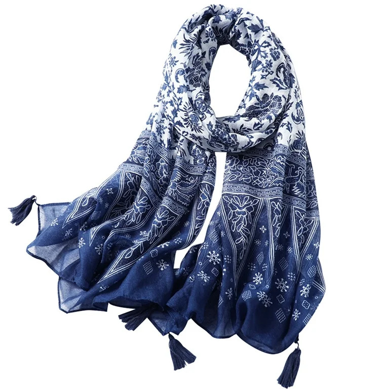 HEMOTON 1pc Cotton Fringed Shawl Blue and White Porcelain Pattern Scarf Retro Shawl Blue | Walmart (US)