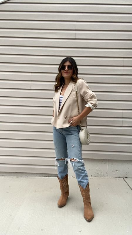 Levi’s, ripped jeans, cropped blazer, western boots, crossbody bag, stripe tank top.
Tank top size small
Blazer: linked similar ones
Jeans: size 25
Boots: are on sale right now!!
Hope you guys like this outfit! It’s so chic and looks amazing with the western boots! 

#LTKshoecrush #LTKunder50 #LTKstyletip