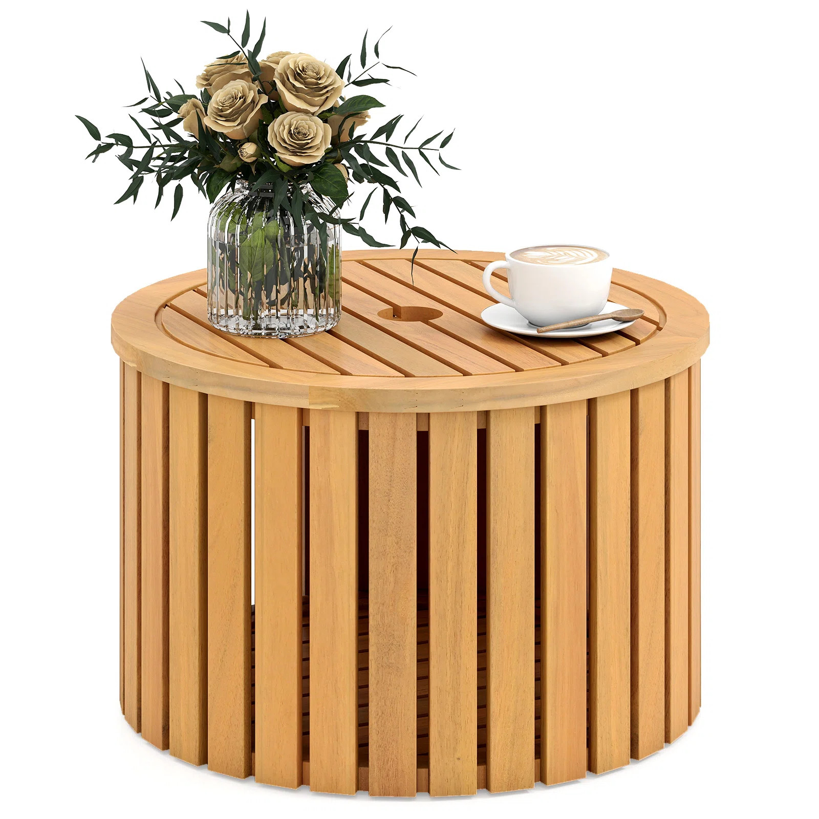 2-In-1 Acacia Wood Outdoor Side Table With Storage, Round | Wayfair North America