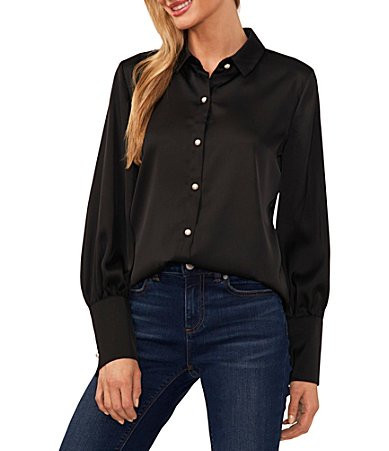 CeCe Satin Point Collar Long Sleeve Tall Cuff Pearl Button Front Blouse - S | Dillard's