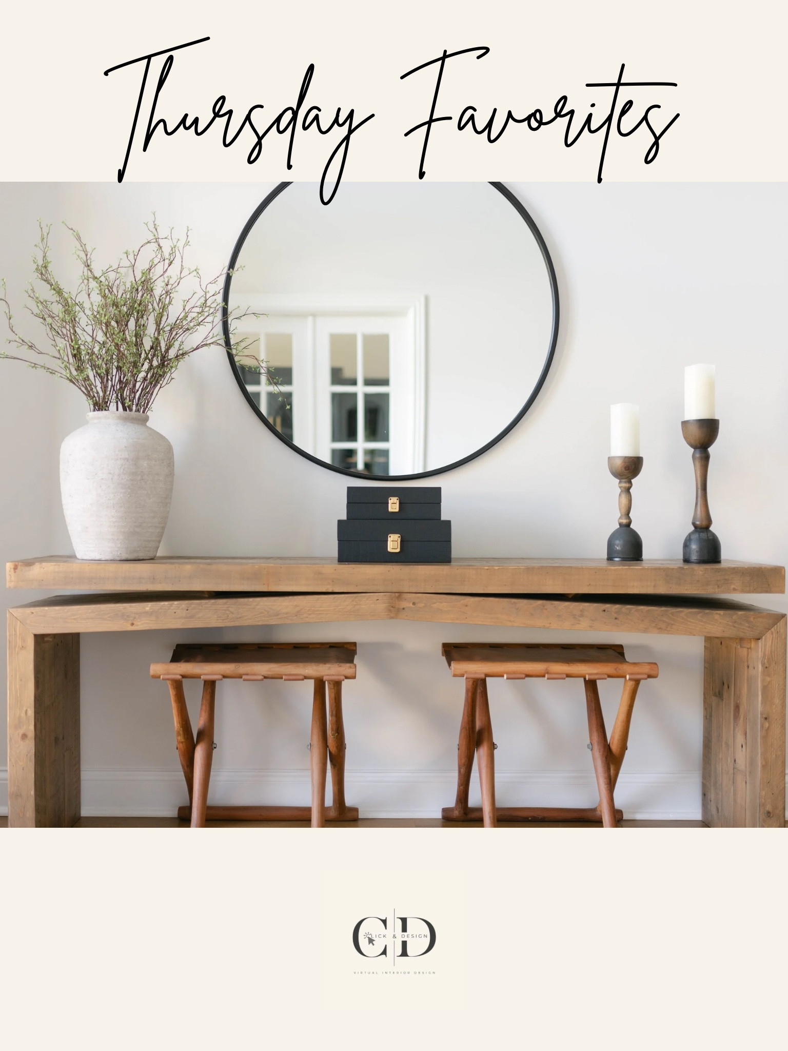 Thursday Favorites: Rustic & Refined Entryway Inspiration

This entryway is a perfect mix of warmth and sophistication, bringing in natural textures with a modern touch. The rustic wood console table anchors the space, offering both functionality and charm. Beneath it, two woven stools add a cozy, layered look while serving as extra seating or styling accents.

The oversized round mirror reflects natural light beautifully, making the space feel airy and inviting. A neutral-toned vase with fresh greenery adds a pop of organic beauty, while the stacked black boxes and candleholders bring in contrast and elegance.

✨ Shop this look: 

Would you add this timeless entryway to your home? Let us know in the comments!

Let me know if you’d like any tweaks or a different style!

#LTKFindsUnder100 #LTKHome #LTKStyleTip