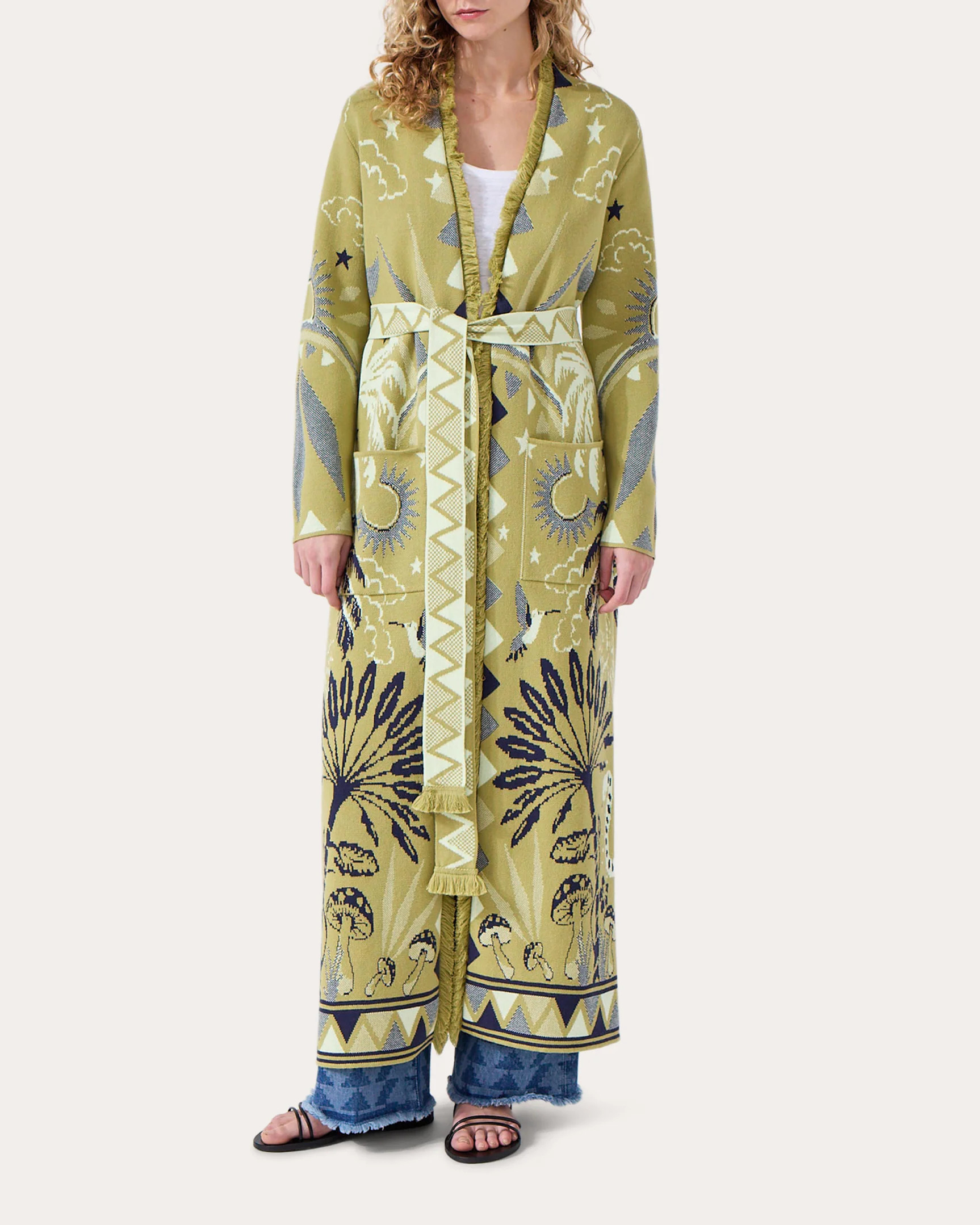 Hayley Menzies Women's Magic Leopard Cotton Jacquard Belted Long Cardigan in Green | Olivela
