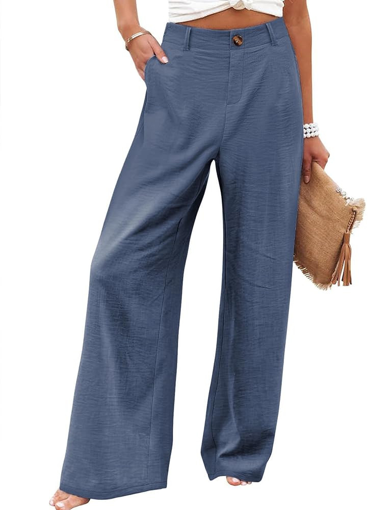 Hooever Womens Cotton Linen Pants Casual Button Up High Waisted Wide Leg Trousers | Amazon (US)