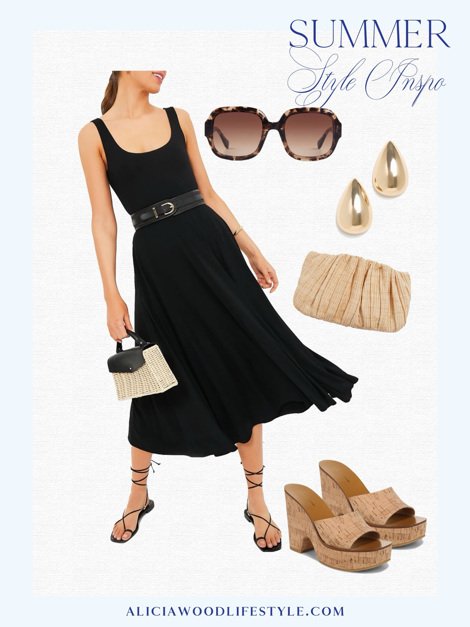 Black scoop neck midi 
Cork wedges
woven straw clutch 
Gold earrings 
Sunglasses 
Summer date night outfit 


#LTKStyleTip #LTKOver40 #LTKSeasonal