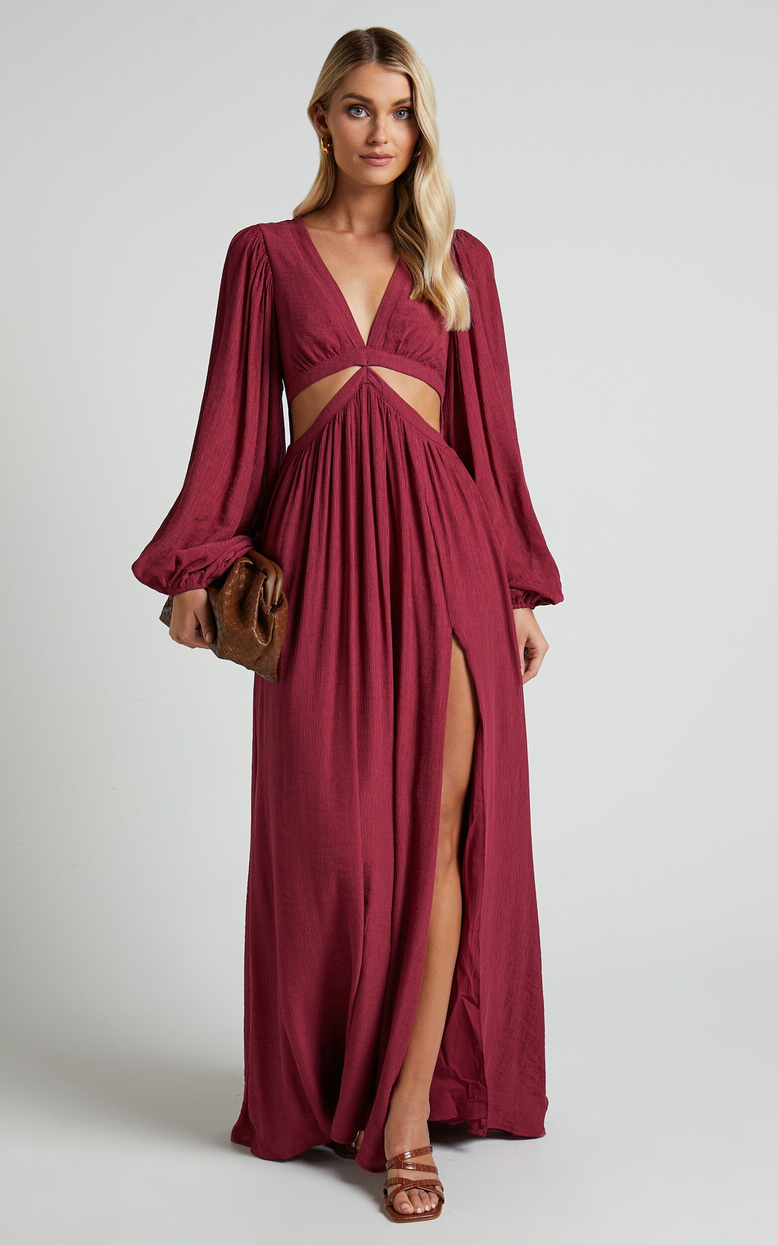 Paige Maxi Dress - Side Cut Out Balloon Sleeve Dress in Mulberry | Showpo (US, UK & Europe)