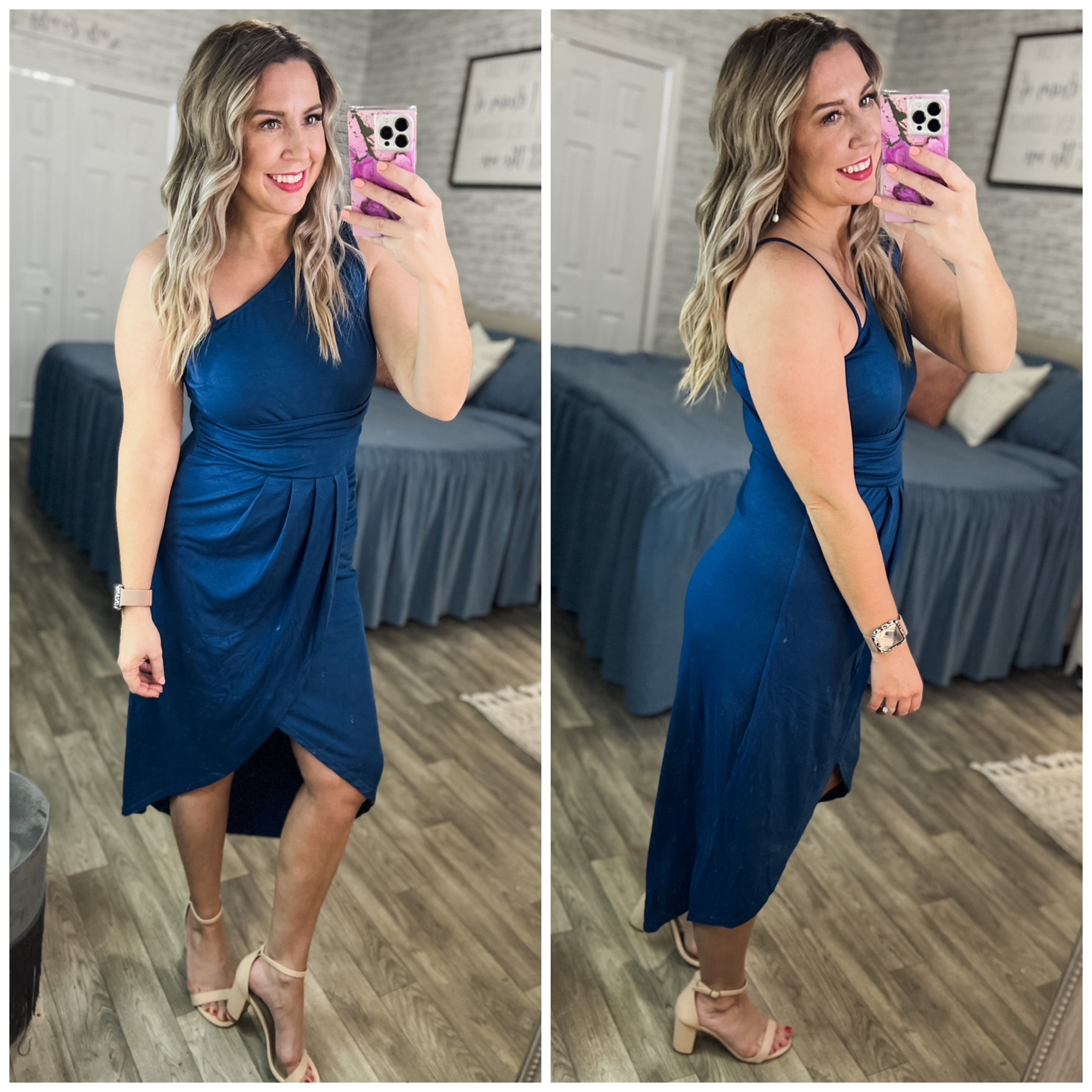 New dress, and a new code! Love this one! It has one spaghetti strap, one thick strap and pleats on the stomach area which is always flattering! Since it is bodycon style I sized up to a large and it fits perfect! 