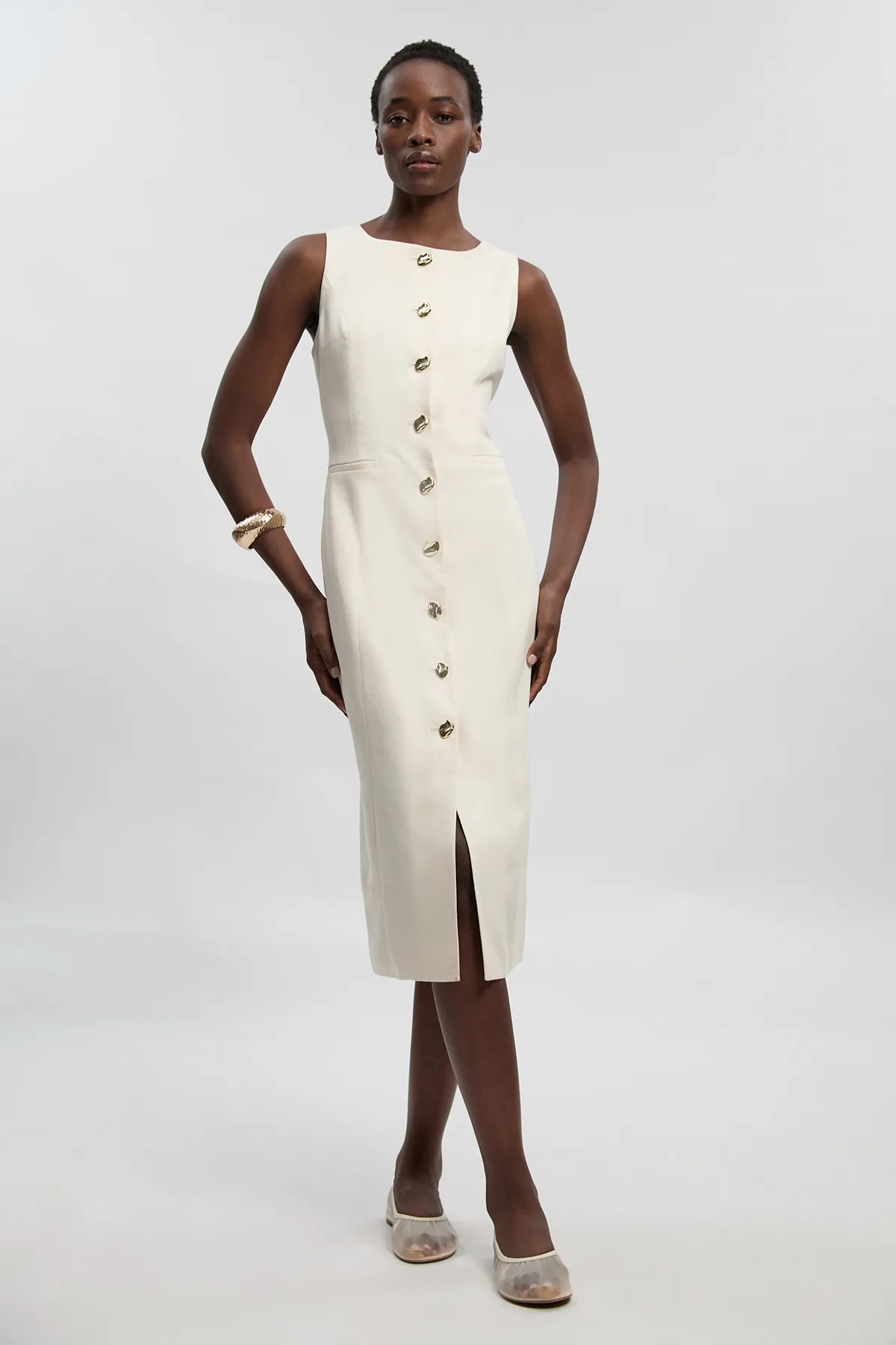 Ivory Tailored Linen Statement Button Front Pencil Midi Dress | Karen Millen USA | Karen Millen US