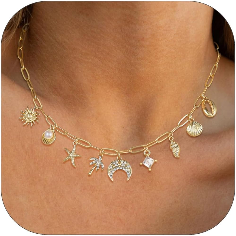 Charm Necklace For Women Shell Heart Necklaces Gold Chunky Pendant Paperclip Chain Boho Summer Se... | Amazon (US)