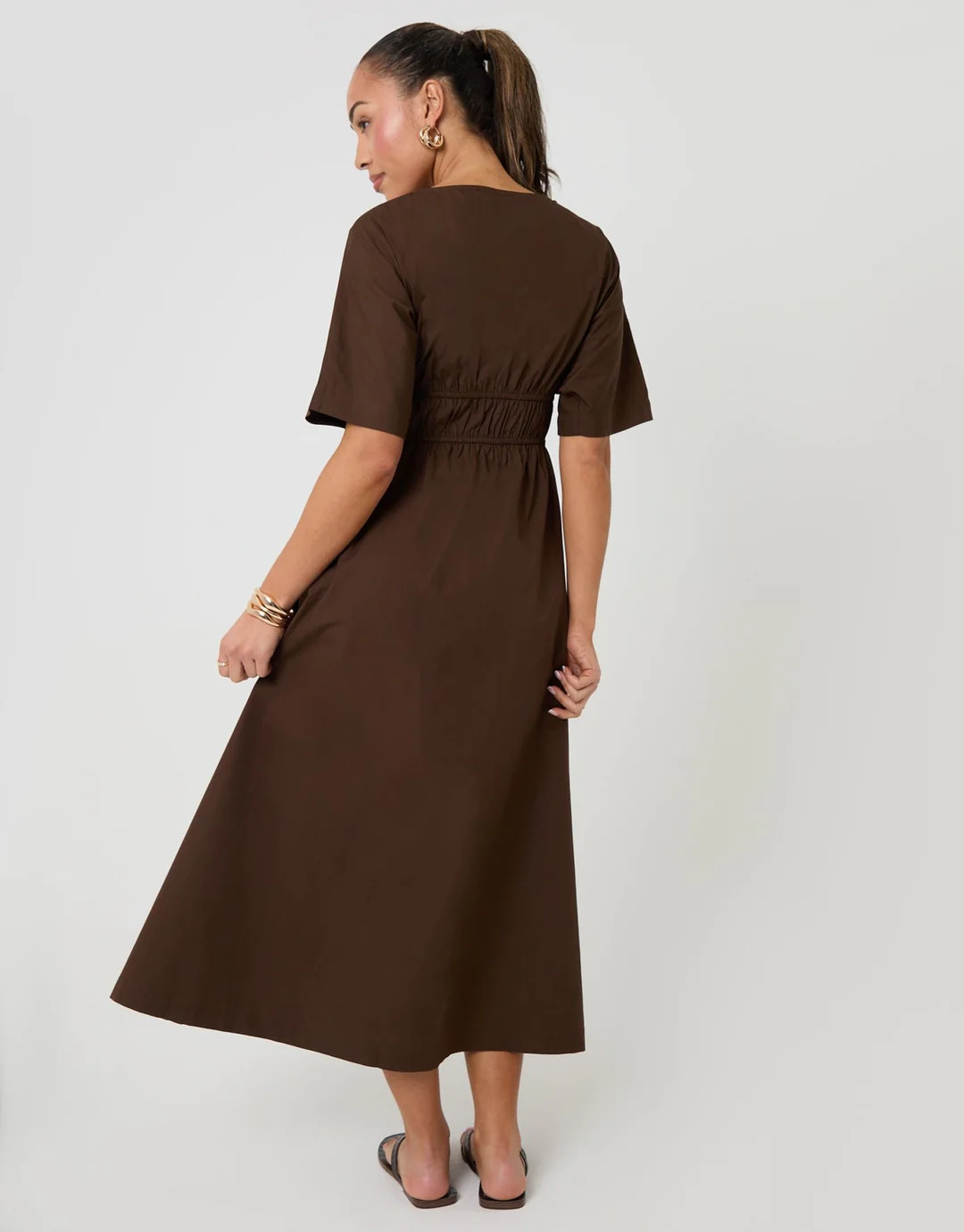 Elasticated Waist Cotton Poplin Midi Dress in Chocolate Brown | Threadbare UK