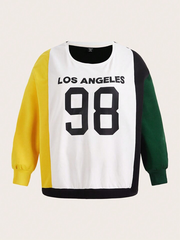 SHEIN CURVE+ Plus Letter Graphic Colorblock Drop Shoulder Sweatshirt | SHEIN