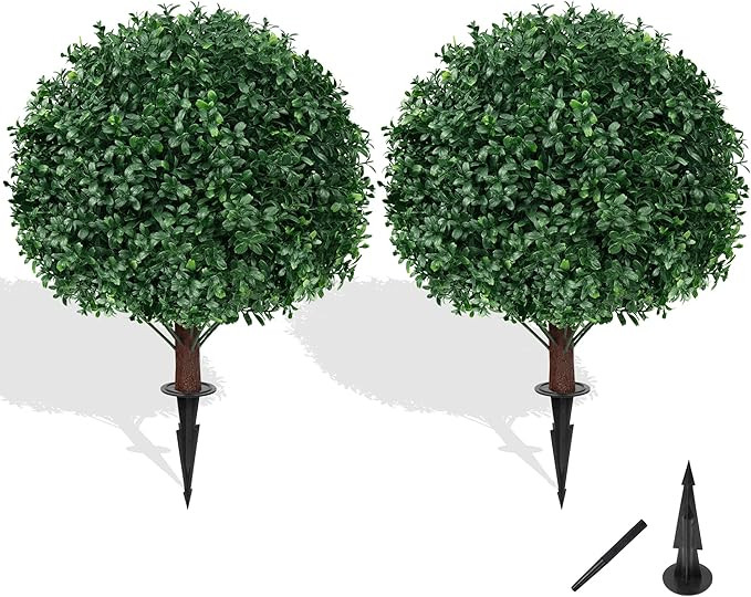 Artificial Boxwood Topiary Ball Tree with Ground Spike, Set of 2 Artificial Shrub Bushes, Fake Ev... | Amazon (US)
