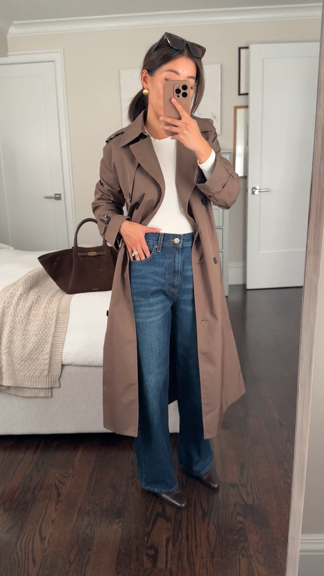 Classic fall outfit

• Finch trench coat 2XS - cola color. sleeves are a little long on me. Otherwise slim fit and a chic longer midi length.

• aritzia Farrah hi-rise wide leg jeans sz 24 short - slightly loose at my waist. Flattering wide leg that is not overwhelming and good length for petites 

• Homestretch long sleeve tee xs - I size up in these since it is more on the shrunken fit side. Love these as a base. Long sleeve version is a little long in the sleeves on me 

• Madewell dimes boots 5H - older version, runs a little narrow at the toes

• BP sunglasses

Easy fall outfits, mom style, wide leg jeans

#LTKPetite #LTKStyleTip #LTKSeasonal
