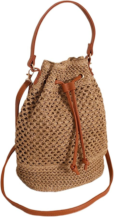 Straw Bucket Bag, Straw Shoulder Bag, Bucket Purse, Strap Beach Wicker Purse Drawstring Closure, ... | Amazon (US)