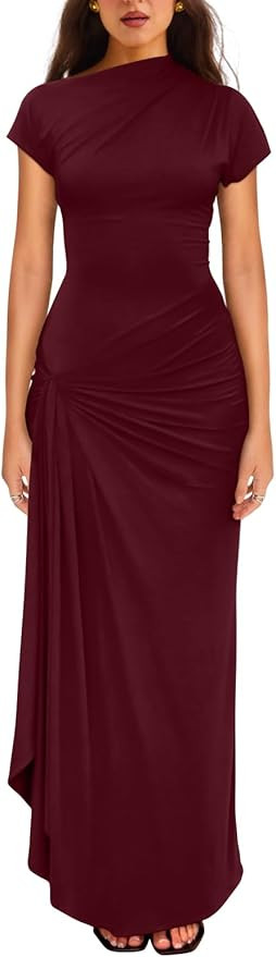 YMDUCH Women's Casual Short Sleeve Boat Neck Ruched High Split Bodycon Long Party Dress | Amazon (US)