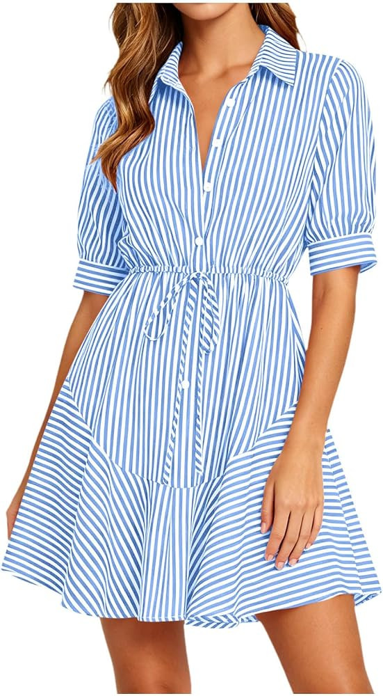 LZHQLZH Womens Short Sleeve Striped Mini Dress V Neck Button Down High Waist Dress Casual A Line ... | Amazon (CA)