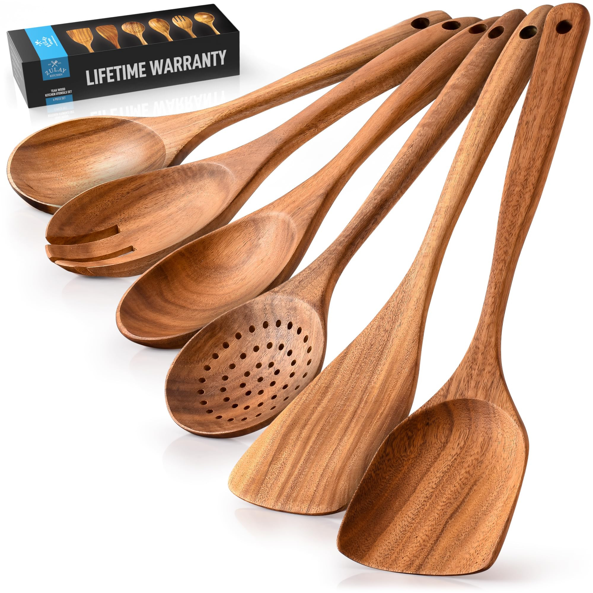 Zulay Kitchen 6-Piece Wooden Cooking Spoons Set – Heat-Resistant, Smooth Teak Utensils with Com... | Amazon (US)
