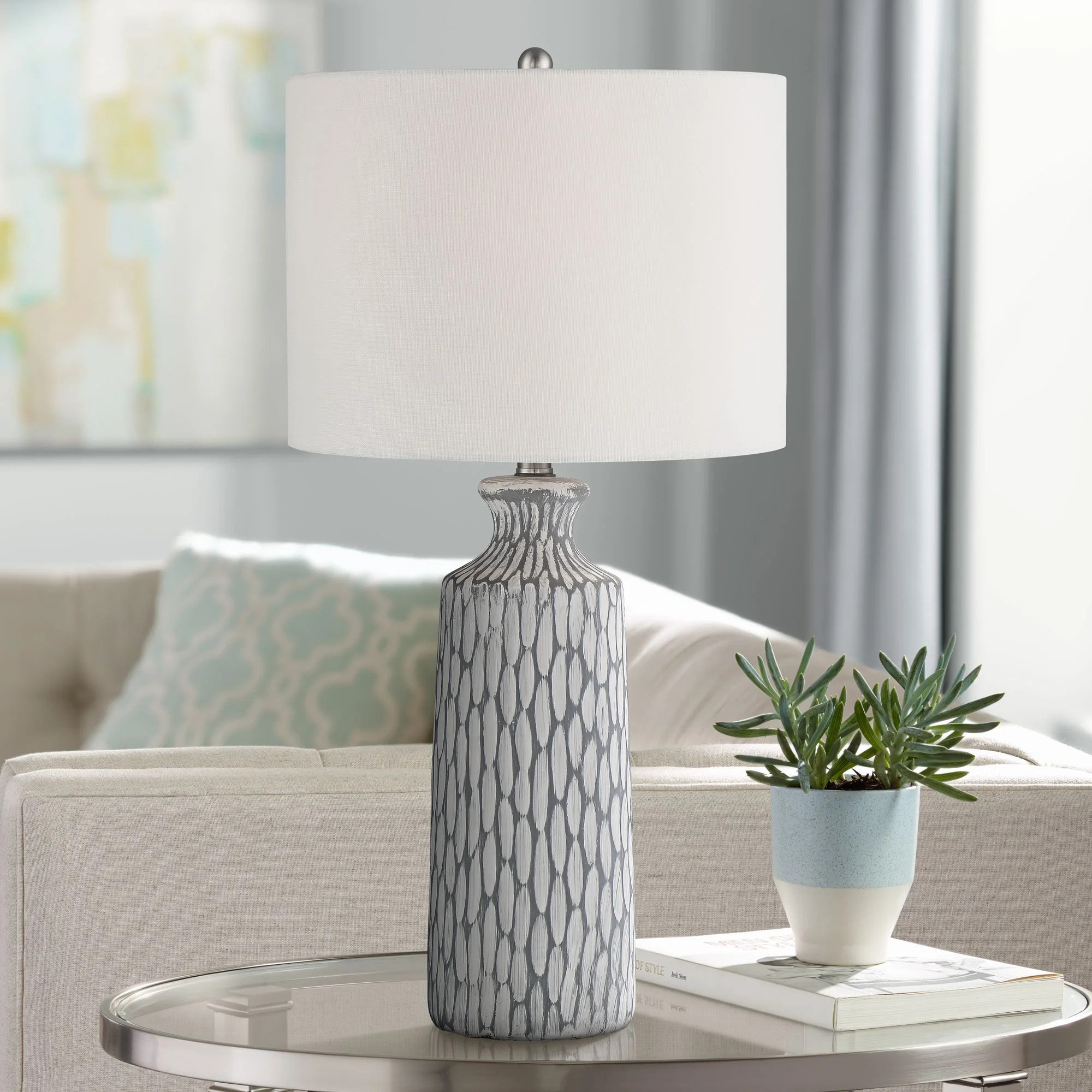 360 Lighting Patrick Modern Coastal Table Lamp 26 1/4" High Gray White Wash Geometric Ceramic Dru... | Walmart (US)