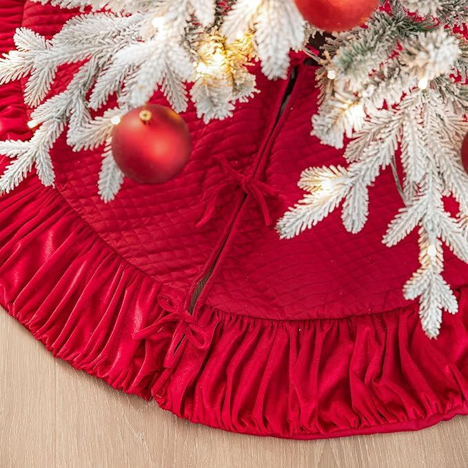 Glitzhome 48''D Red Christmas Tree Skirt,Deluxe Burgundy Velvet Ruffled Xmas Tree Mat Skirt Decor... | Amazon (US)