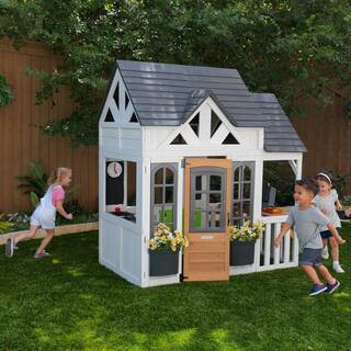 Lantana Lane Outdoor Wood Playhouse with Play Kitchen and Grill, Flap Door, and Flower Boxes (Flowers Not Included) | The Home Depot
