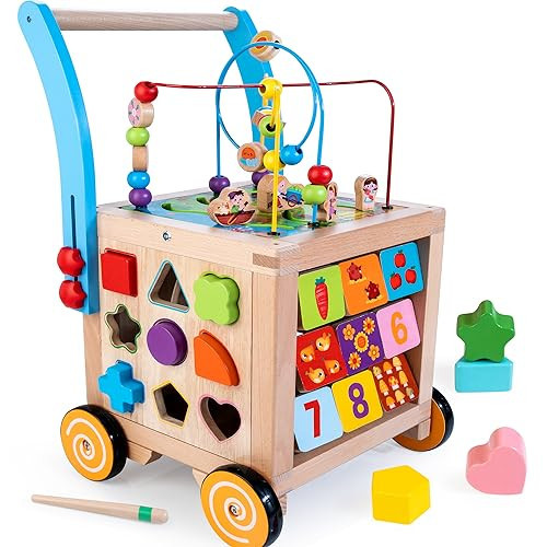 WOODMAM Wooden Baby Walker | Baby Push Walker with 9-in-1 Activity Cube, Sit to Stand Learning Walker Toy with Wheels for Boys Girls, Montessori Activity Center Walker, Adjustable Speed & Height | Amazon (US)