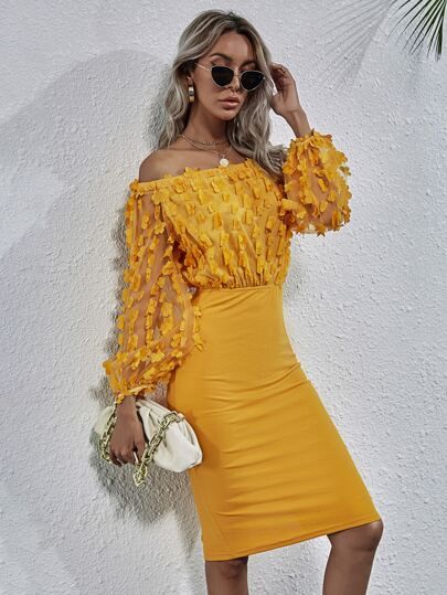Off-shoulder Contrast Mesh Appliques Fitted Dress | SHEIN