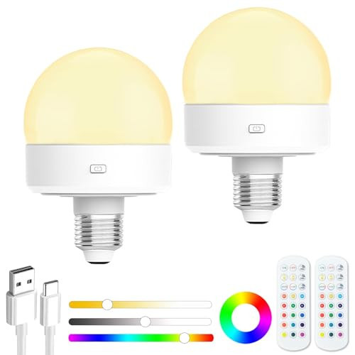 Rechargeable Light Bulbs With Remote - E26 Battery Operated Light Bulb No Electricity, Detachable Magic Light Bulb, 15 Colors & Timer Wireless Bulb For Lamps Without Electricity (E26, 2 Pack) | Amazon (US)